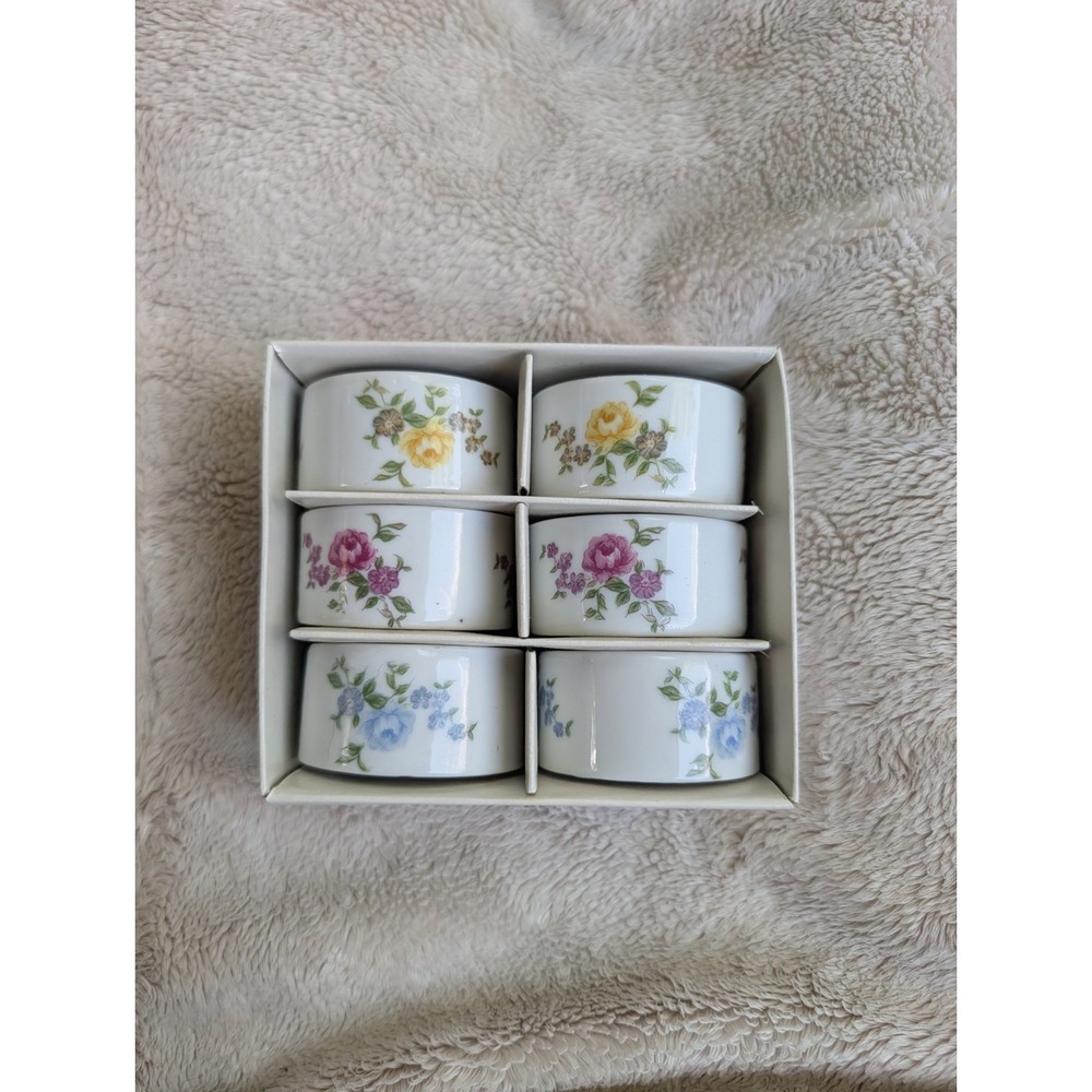 Vintage Shafford Napkin Rings Porcelain Floral Japan Set of 6 in Box